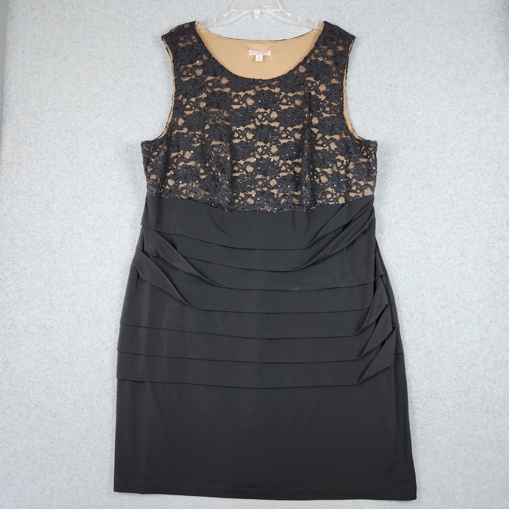 CB Established Sheath Dress Womens 22 Black Lace Sequin Sleeveless Tiered Ruched